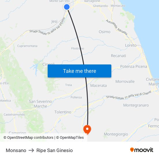 Monsano to Ripe San Ginesio map