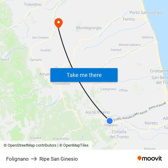 Folignano to Ripe San Ginesio map