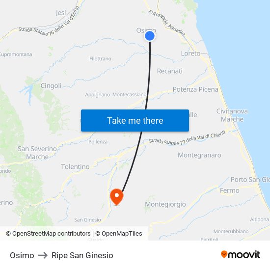 Osimo to Ripe San Ginesio map