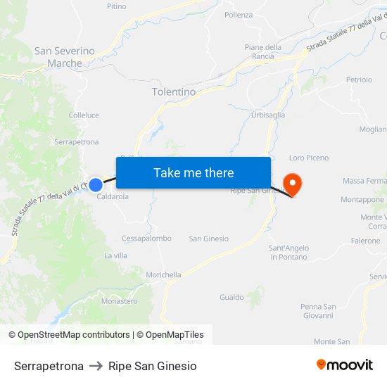 Serrapetrona to Ripe San Ginesio map
