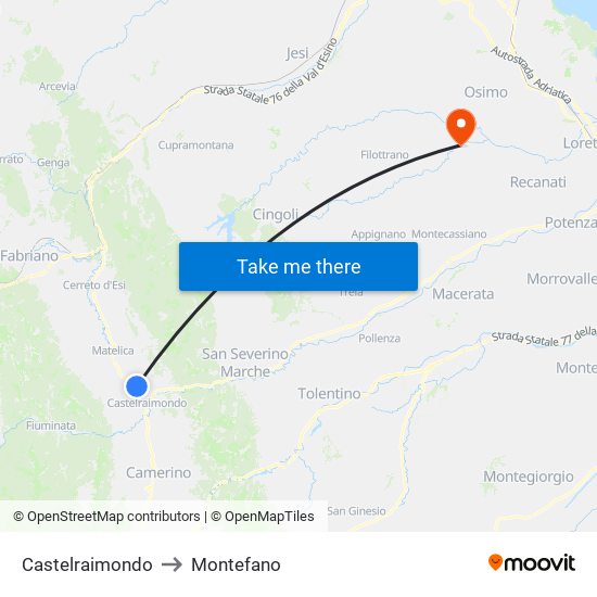 Castelraimondo to Montefano map