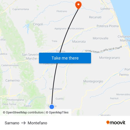 Sarnano to Montefano map