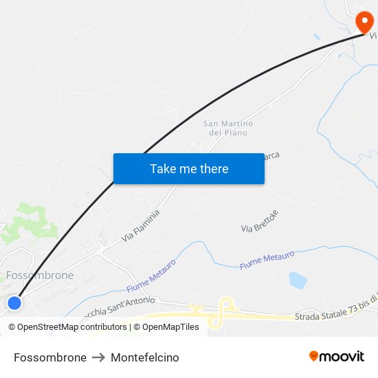 Fossombrone to Montefelcino map