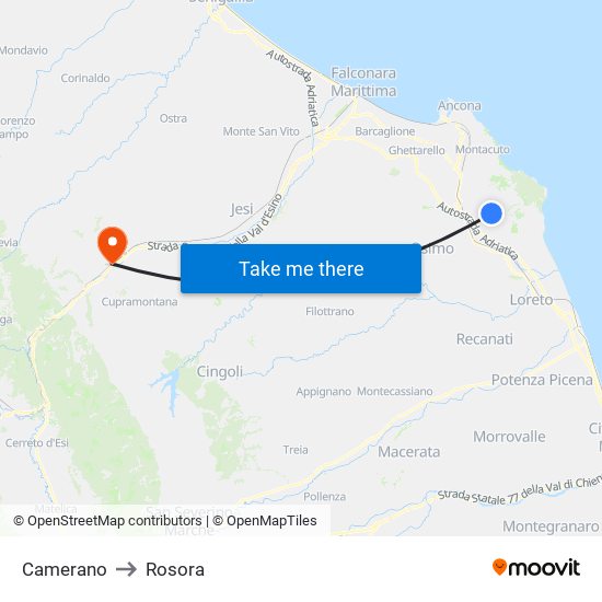 Camerano to Rosora map