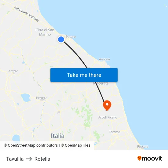 Tavullia to Rotella map