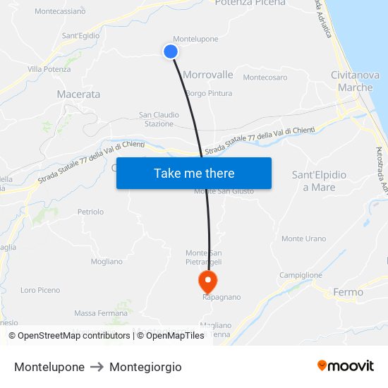 Montelupone to Montegiorgio map