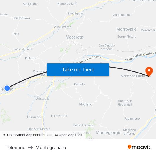 Tolentino to Montegranaro map