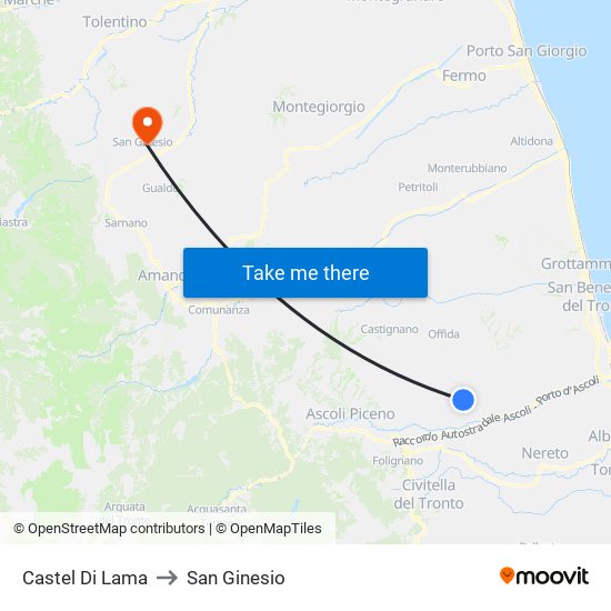 Castel Di Lama to San Ginesio map