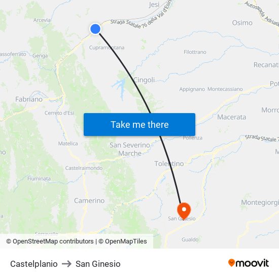 Castelplanio to San Ginesio map