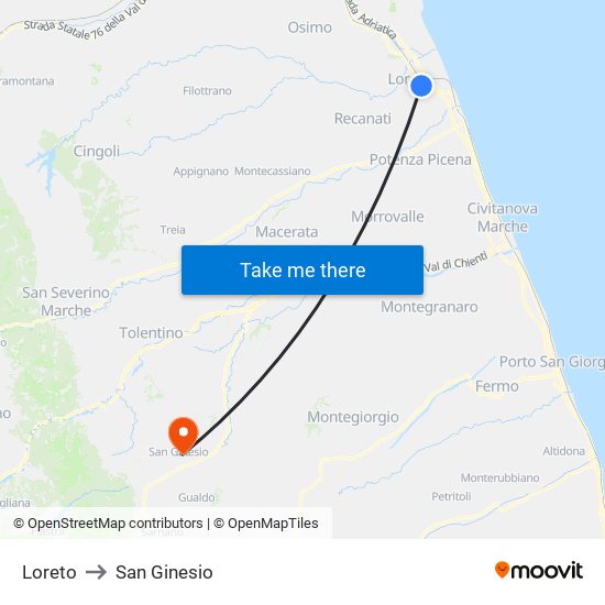 Loreto to San Ginesio map