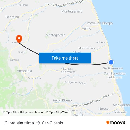 Cupra Marittima to San Ginesio map