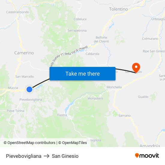 Pievebovigliana to San Ginesio map