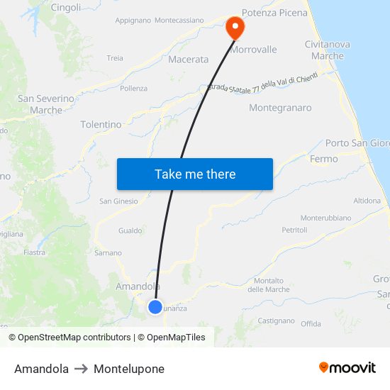 Amandola to Montelupone map