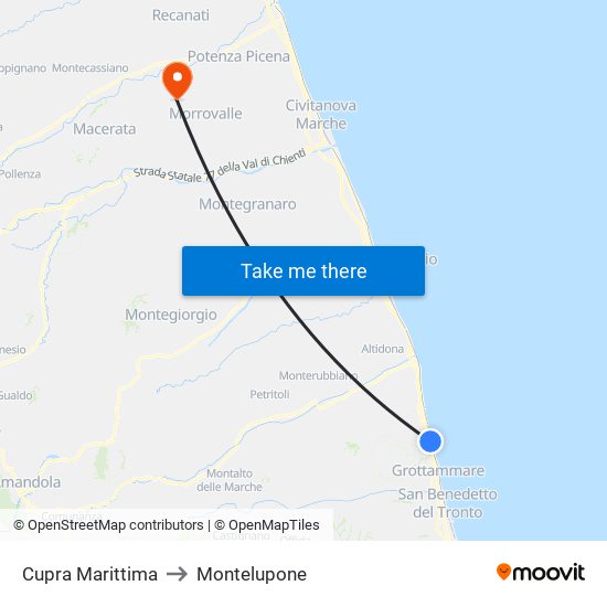 Cupra Marittima to Montelupone map