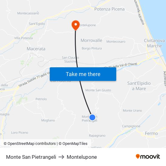 Monte San Pietrangeli to Montelupone map