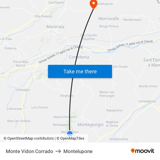 Monte Vidon Corrado to Montelupone map