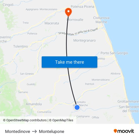 Montedinove to Montelupone map