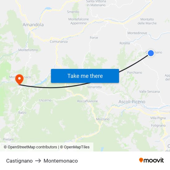 Castignano to Montemonaco map