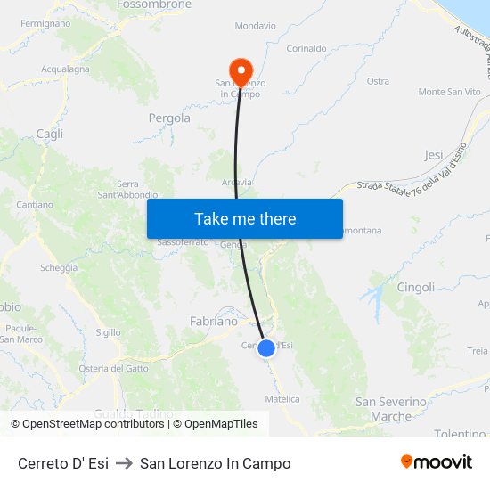 Cerreto D' Esi to San Lorenzo In Campo map