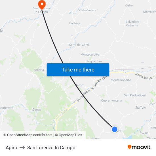 Apiro to San Lorenzo In Campo map