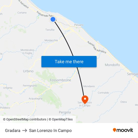Gradara to San Lorenzo In Campo map