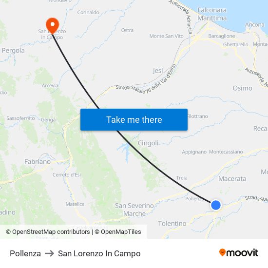 Pollenza to San Lorenzo In Campo map