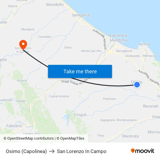 Osimo (Capolinea) to San Lorenzo In Campo map