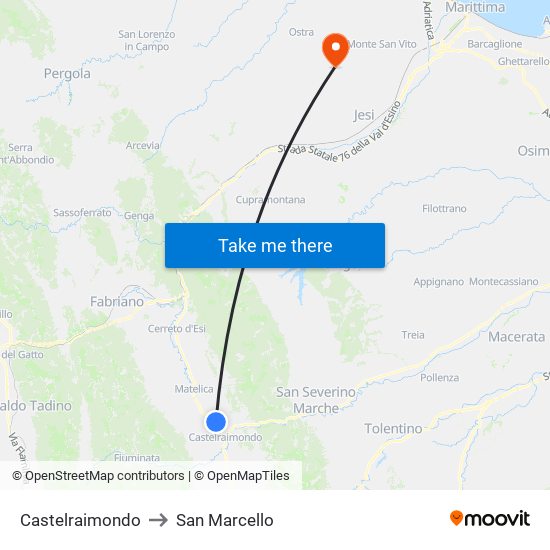 Castelraimondo to San Marcello map