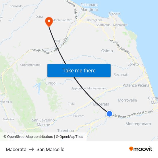 Macerata to San Marcello map