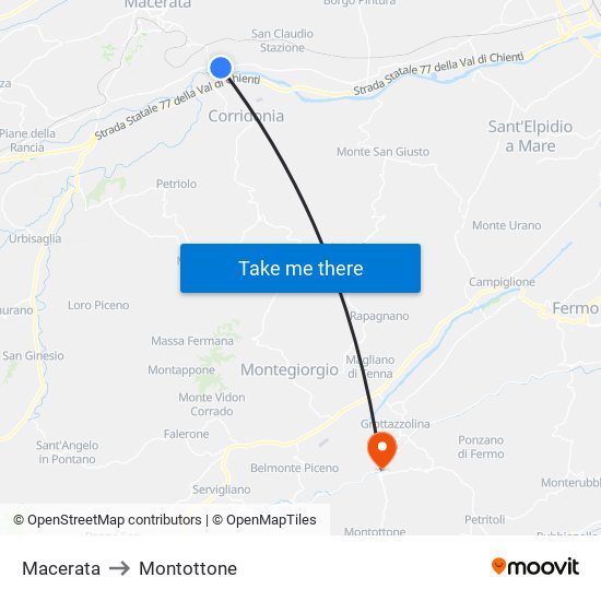 Macerata to Montottone map