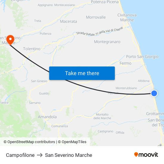 Campofilone to San Severino Marche map