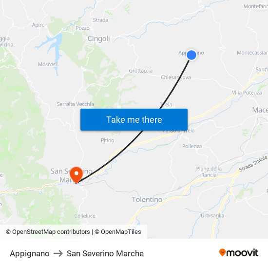 Appignano to San Severino Marche map