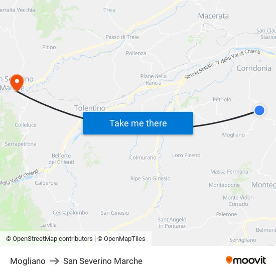 Mogliano to San Severino Marche map