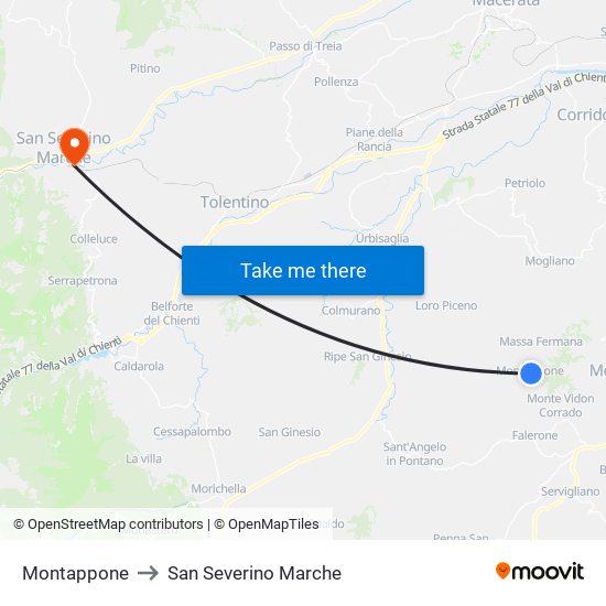 Montappone to San Severino Marche map