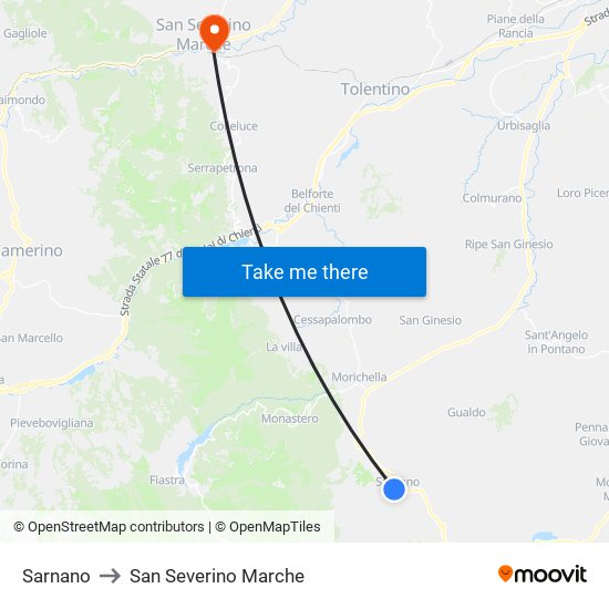 Sarnano to San Severino Marche map