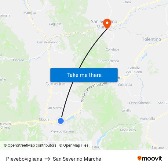 Pievebovigliana to San Severino Marche map