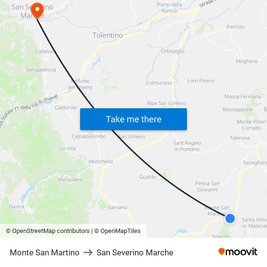 Monte San Martino to San Severino Marche map