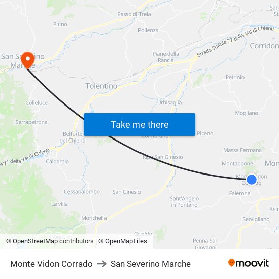 Monte Vidon Corrado to San Severino Marche map