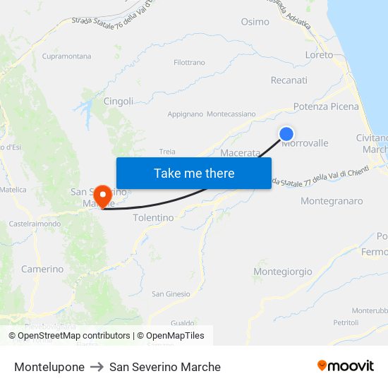 Montelupone to San Severino Marche map