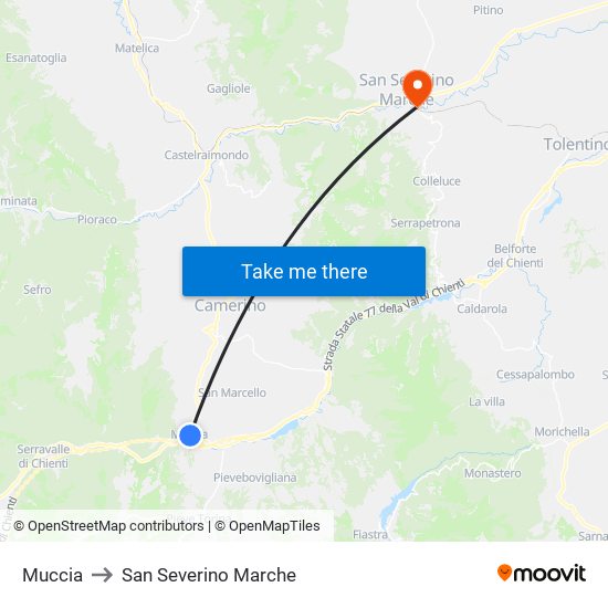 Muccia to San Severino Marche map