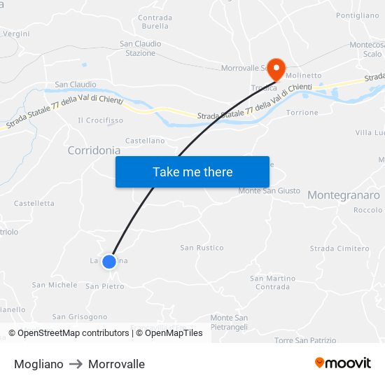 Mogliano to Morrovalle map