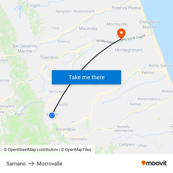 Sarnano to Morrovalle map