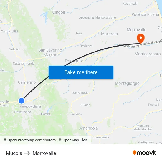 Muccia to Morrovalle map
