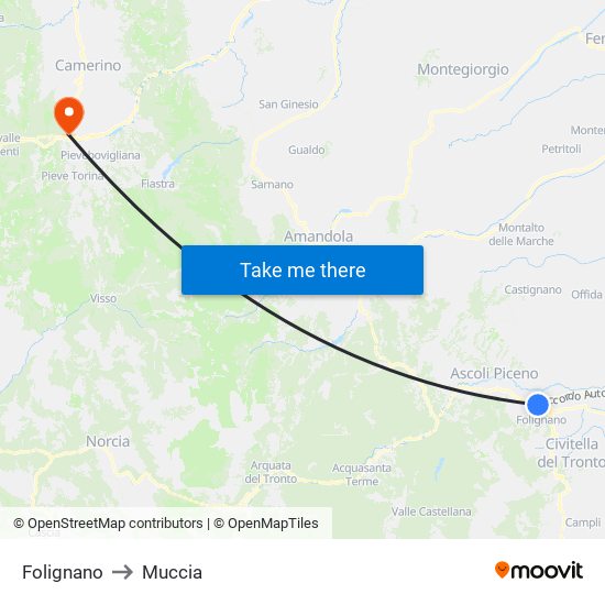 Folignano to Muccia map