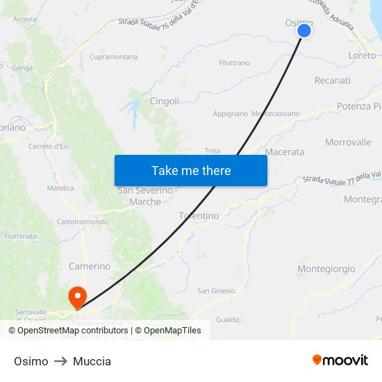 Osimo to Muccia map