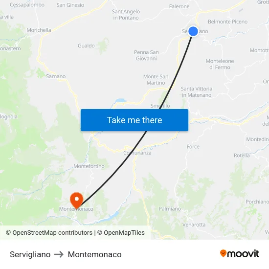 Servigliano to Montemonaco map