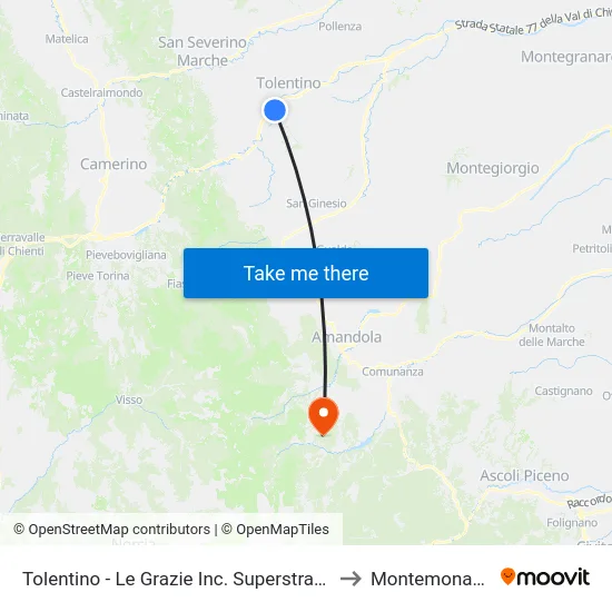 Tolentino - Le Grazie Inc. Superstrada to Montemonaco map