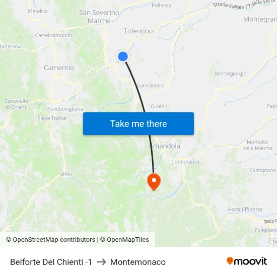 Belforte Del Chienti -1 to Montemonaco map