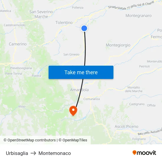 Urbisaglia to Montemonaco map