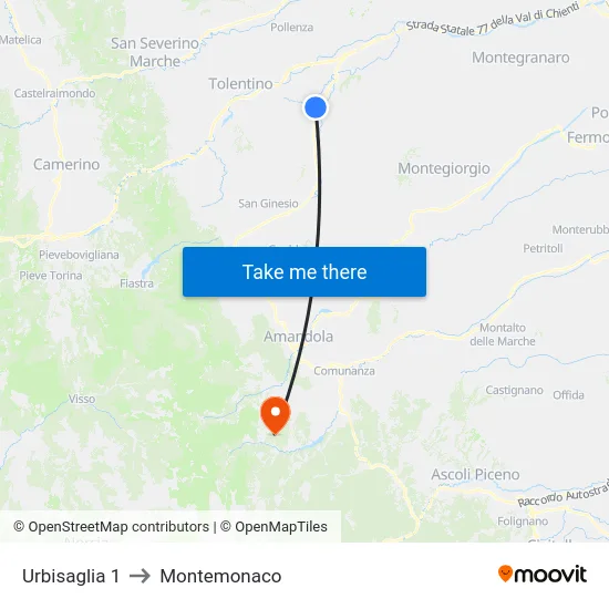 Urbisaglia 1 to Montemonaco map